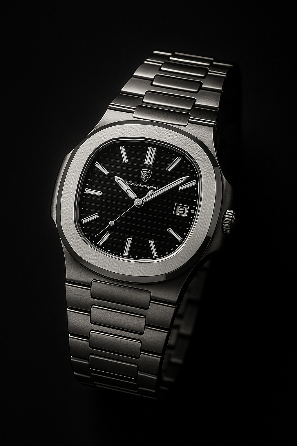 SILVER BAND/ROUNDED-SQUARE BEZEL WITH BLACK DIAL - TIMEPIECE BY POEDAGAR